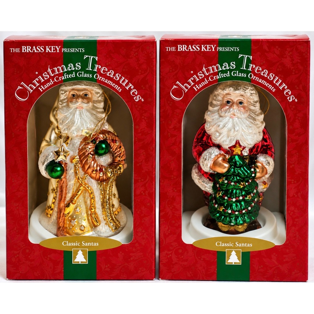 Brass Key Christmas Treasures Glass Ornaments Starry Santa Santa's Tree Set of 2